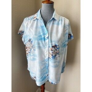 Jane & Delancey Size Small White Blue Mediterranean City Print Shirt - NWT